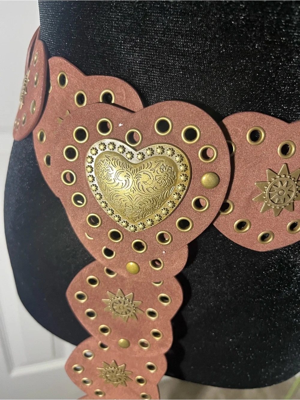 Statement Brown Heart Motif Studded Waist Belt with Gold Accents